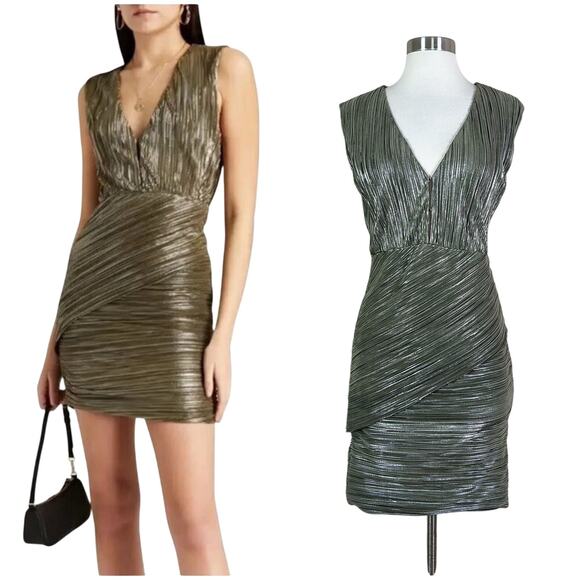 Maje | Romea Metallic Green Plisse Bandage V Neck Designer Mini Dress 38 Medium - Picture 1 of 12
